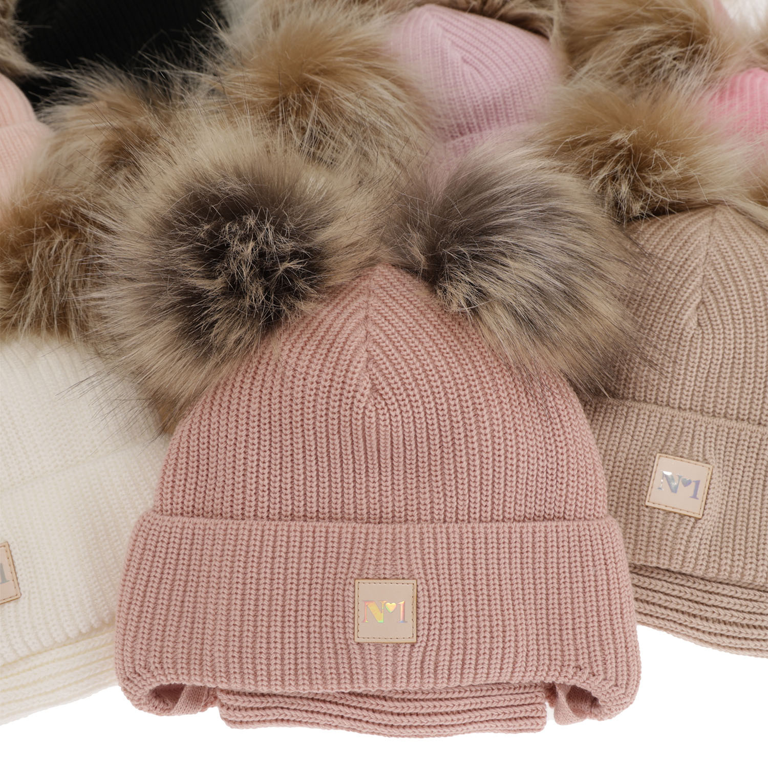 Flicka vinter set: mössa och tubhalsduk, beige, med två pompommar, knytband, Kiara