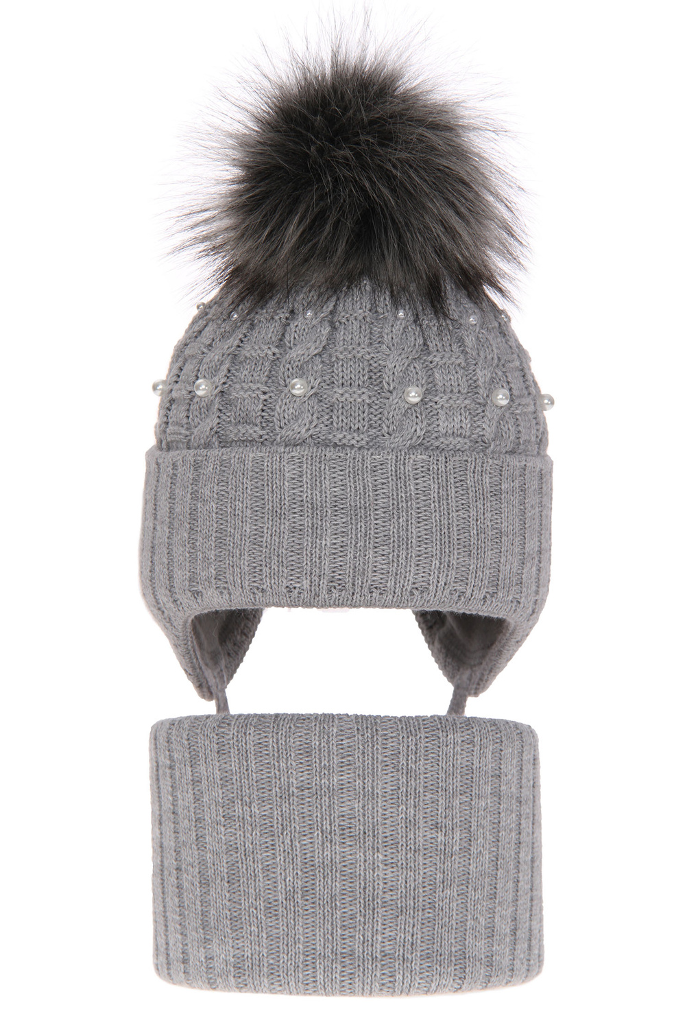 Flicka vinter set: mössa och halsduk, grå, med knytband, med pompom, Safona