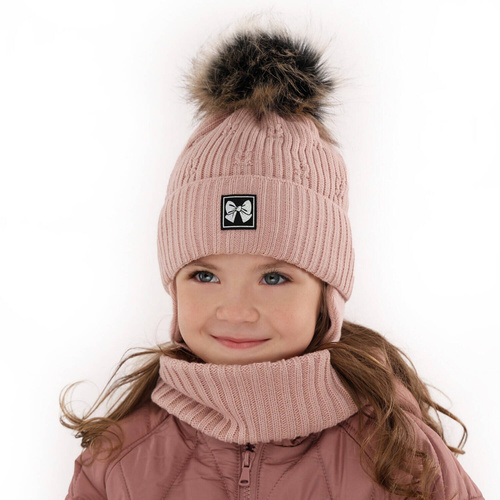 Flicka vinter set: mössa och halsduk, rosa, med pompom, Kinia