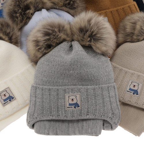 Pojke vinter set: mössa och halsduk, beige, med två pompommar, Jewel
