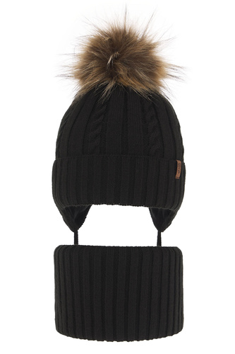 Pojke vinter set: mössa och tubhalsduk, svart, med pompom, Peter