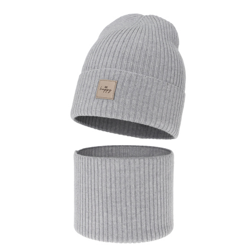 Flicka höst/vår set: mössa och tubhalsduk, grå, 100% Merino Ull, Vanita