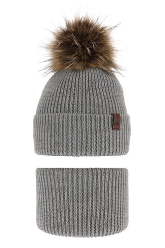 Pojke vinter set: mössa och tubhalsduk, grå, med pompom, Modus