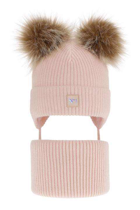 Flicka vinter set: mössa och halsduk, rosa, med två pompommar, knytband, Kiara