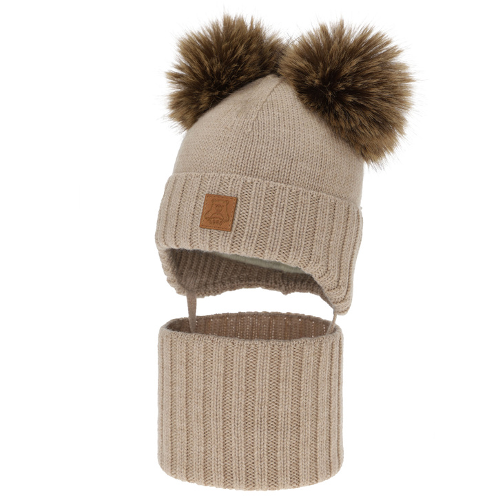 Pojke mössa och tubscarf, vinter set, beige, 100% merinull, fodrad med ullfleece, Ronik