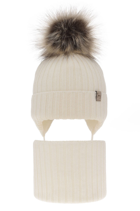Flicka vinter set: mössa och halsduk, kremowy, med knytband, 100% Merino Ull, Junika