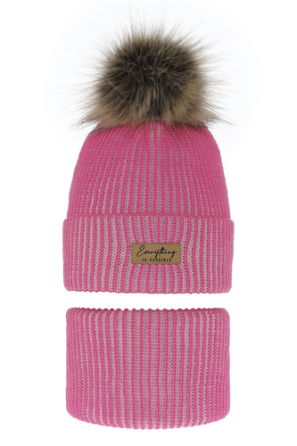 Flicka vinter set: mössa och halsduk, rosa, med pompom, Floryda