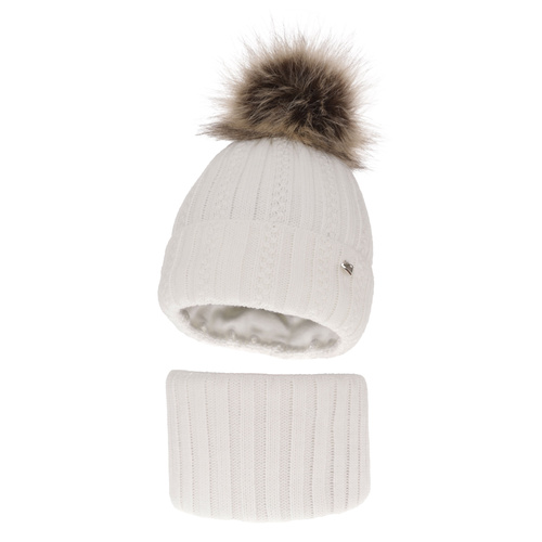 Flicka vinter set: mössa och halsduk, vit, med pompom, Wirginia
