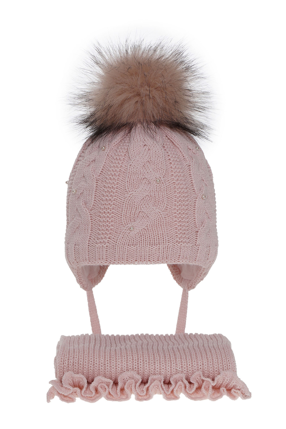 Flicka vinter set: mössa och halsduk, rosa, med pompom, Mirella