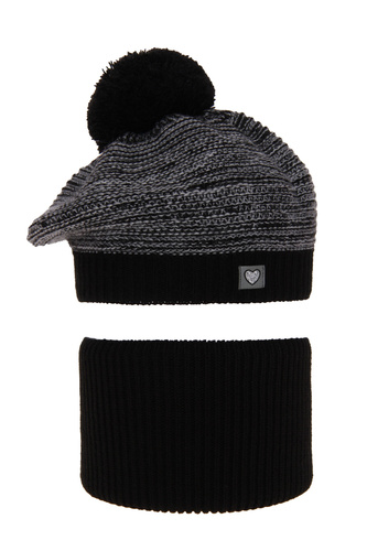 Flicka vinter set: mössa och halsduk, svart, med pompom, Lira