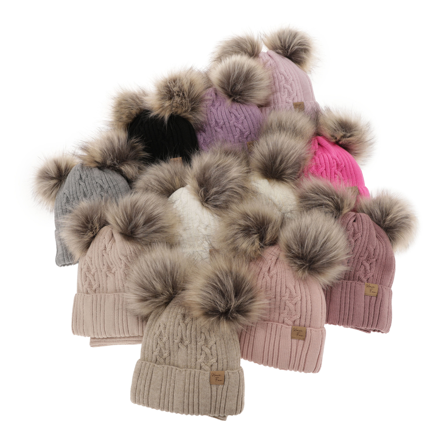 Flicka vinter set: mössa och tubhalsduk, beige, med två pompommar, Sierra
