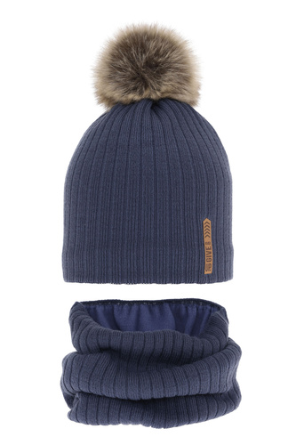 Pojke vinter set: mössa och tubhalsduk, blå, med pompom, fodrad med fleece, Kalen