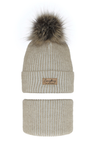 Flicka vinter set: mössa och tubhalsduk, beige, med pompom, Floryda