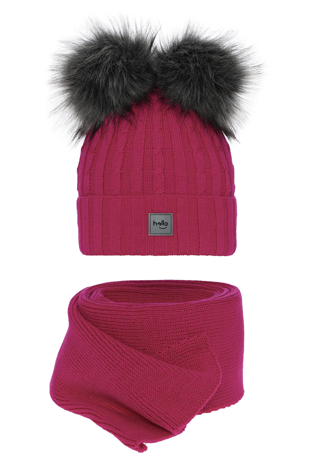 Flicka vinter set: mössa och halsduk, rosa, med två pompommar, Zenda