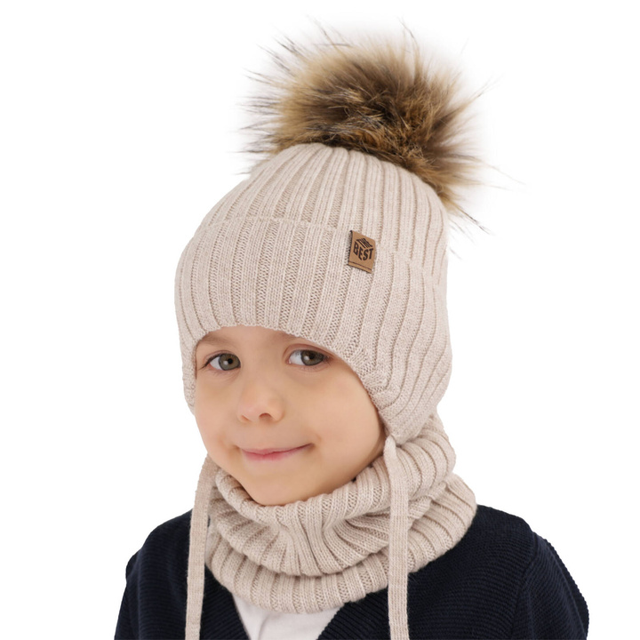 Pojke vinter set: mössa och halsduk, beige, med knytband, 100% Merino Ull, Juno