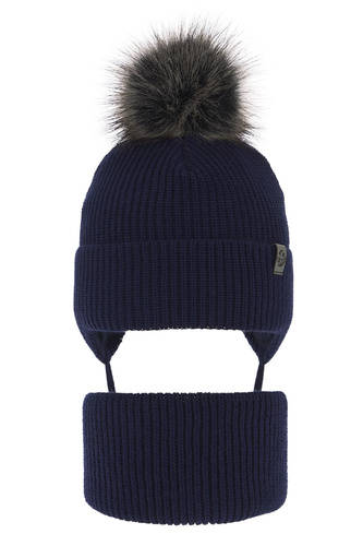 Pojke vinter set: mössa och tubhalsduk, blå, med knytband, med pompom, Honed