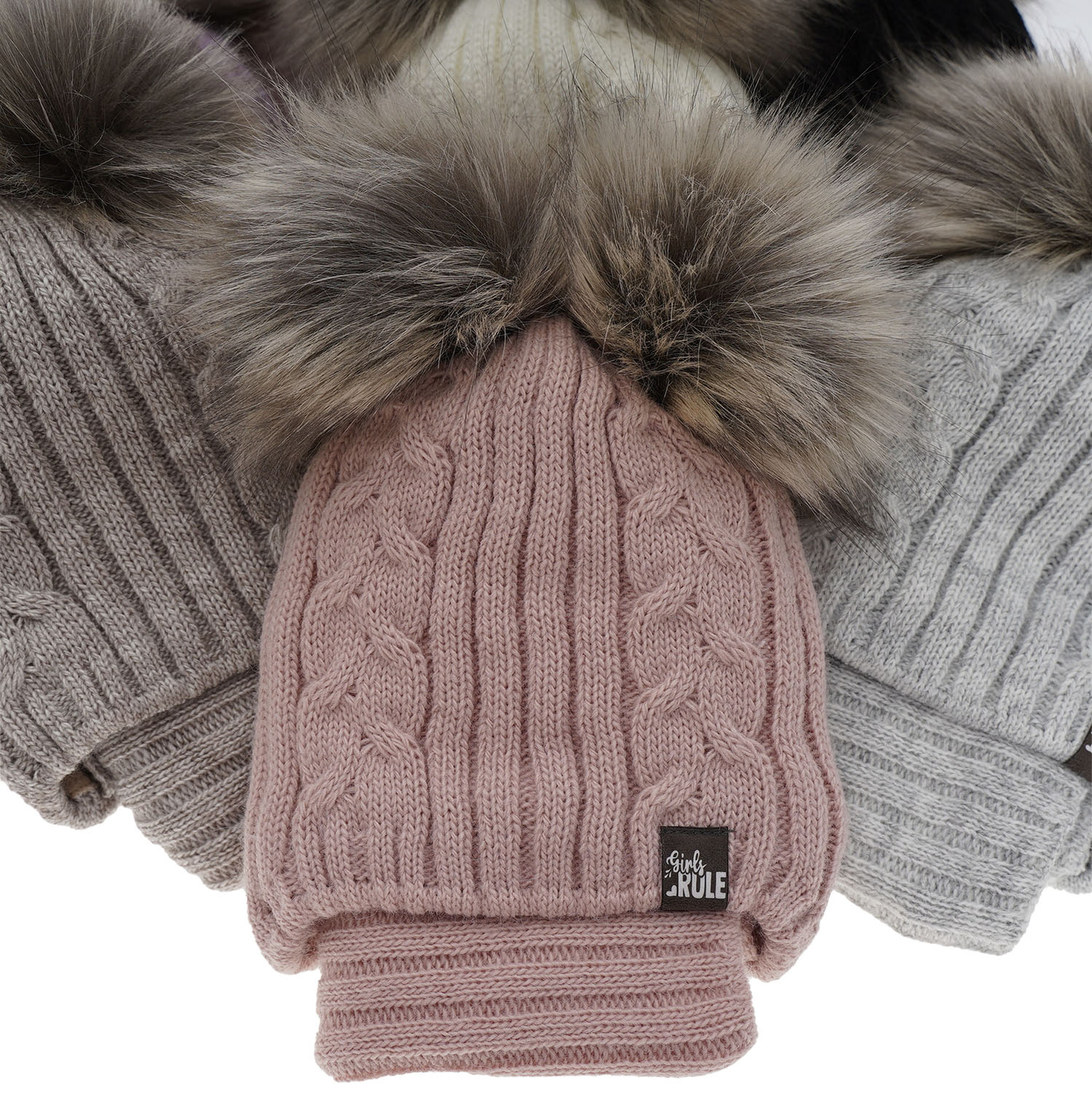 Flicka vinter set: mössa och tubhalsduk, rosa, med två pompommar, Marlen