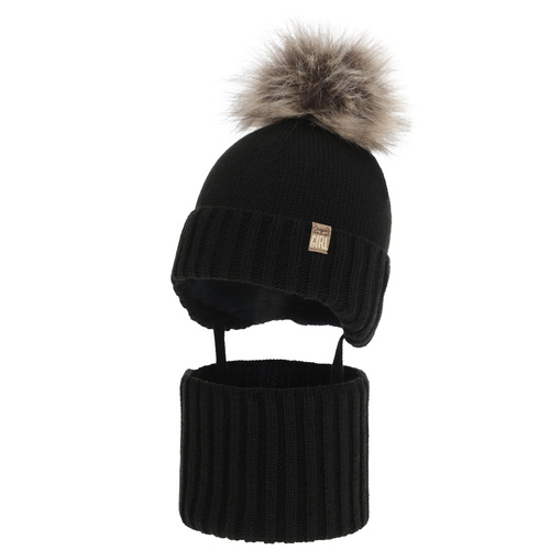 Flicka vinter set: mössa och tubhalsduk, svart, med pompom, Primula