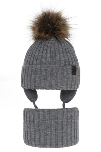 Pojke vinter set: mössa och halsduk, grå, med pompom, med knytband, Puzel