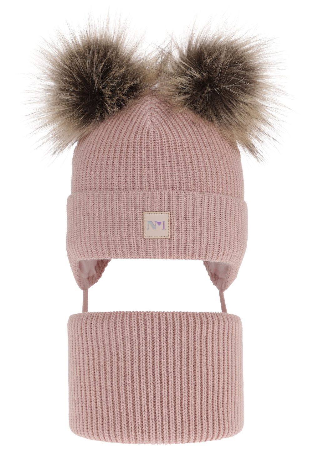 Flicka vinter set: mössa och halsduk, rosa, med två pompommar, wiązany Kiara