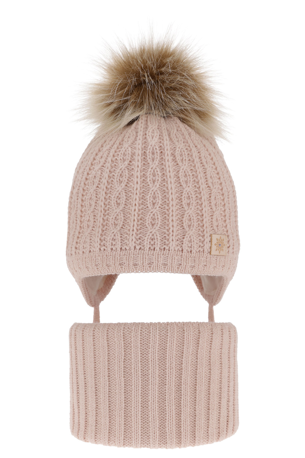 Flicka vinter set: mössa och halsduk, ljusrosa, med pompom, Passa