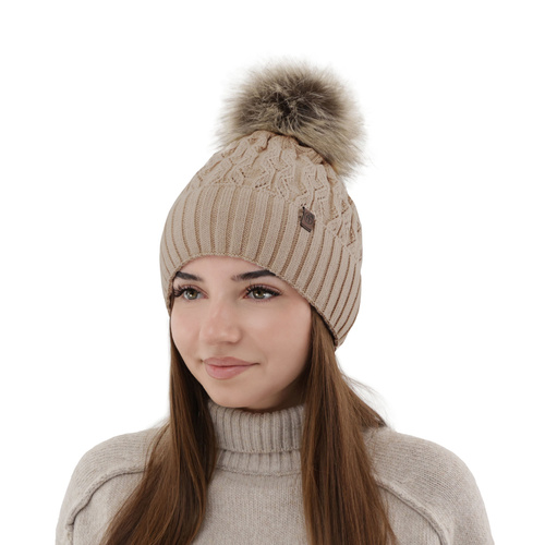 Dam vintermössa, beige, med pompom, Katty