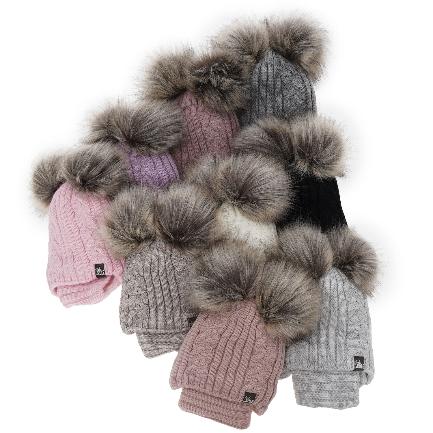 Flicka vinter set: mössa och tubhalsduk, rosa, med två pompommar, knytband, Marlen
