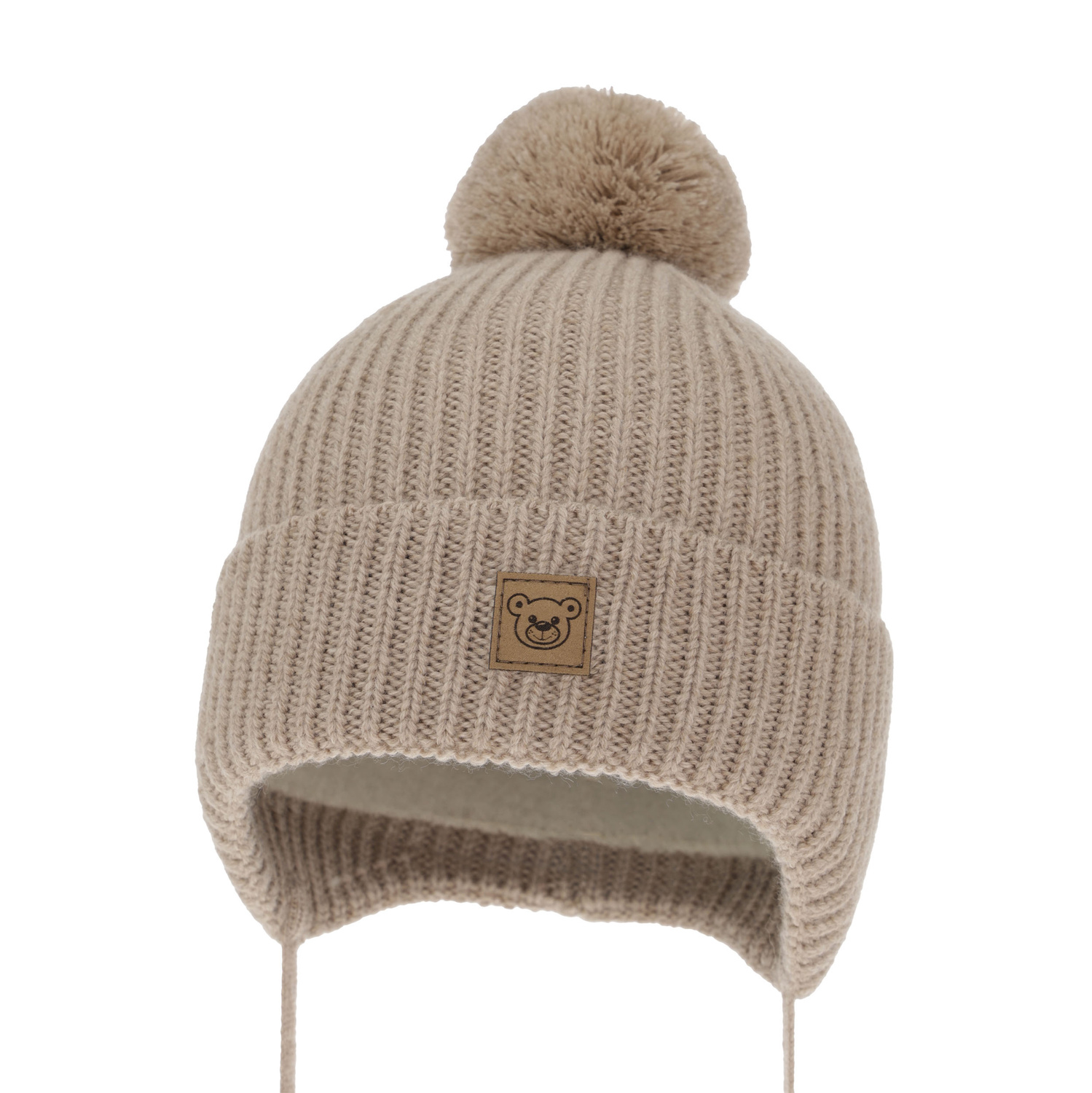 Pojke vintermössa, ljusbrun, med knytband, 100% Merino Ull, Tacco