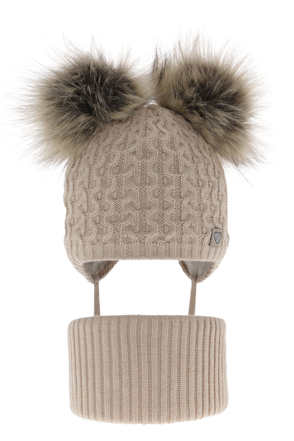 Flicka vinter set: mössa och tubhalsduk, beige, med två pompommar, med knytband, Poliana