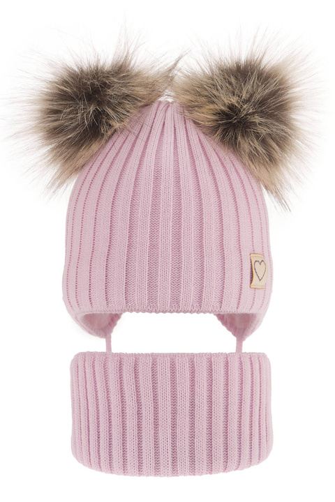 Flicka vinter set: mössa och halsduk, rosa, med två pompommar, wiązany Telisa