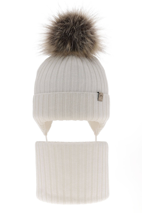 Flicka vinter set: mössa och halsduk, vit, med knytband, 100% Merino Ull, Junika