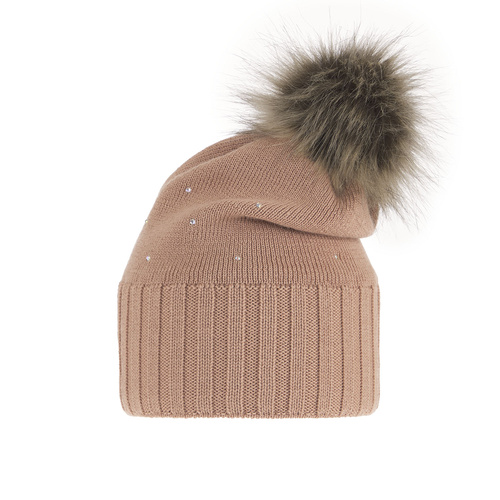 Dam vintermössa, rosa, med pompom, med merinull, Malga
