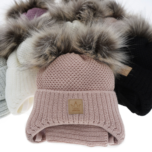Flicka vinter set: mössa och tubhalsduk, rosa, med två pompommar, med knytband, Minsi