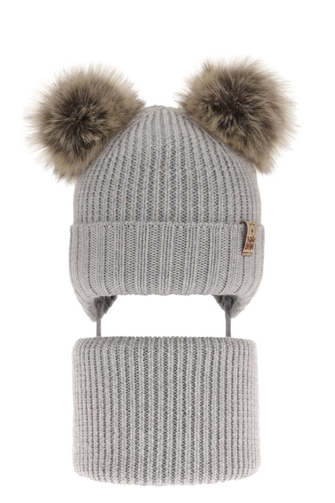 Pojke vinter set: mössa och halsduk, grå, med knytband, 100% Merino Ull, Konor