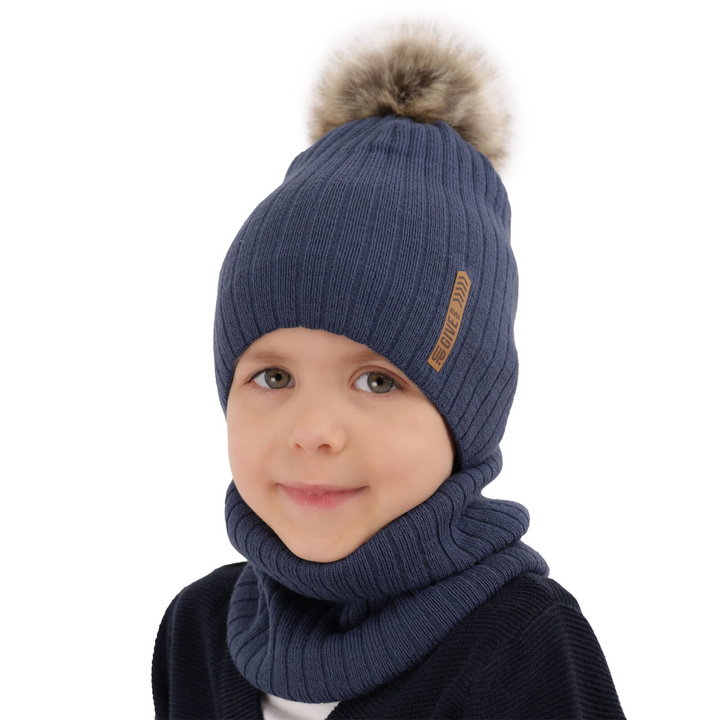 Pojke vinter set: mössa och tubhalsduk, blå, med pompom, fodrad med fleece, Kalen