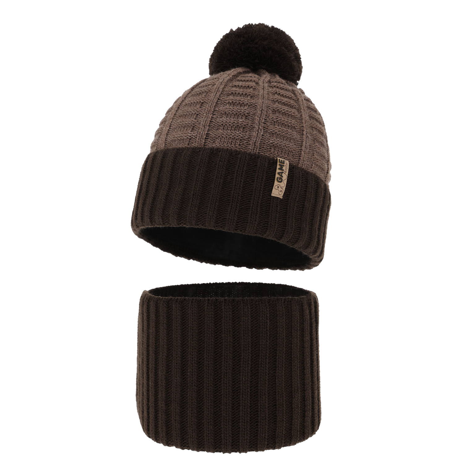 Pojke vinter set: mössa och tubhalsduk, brun, med pompom, Leo