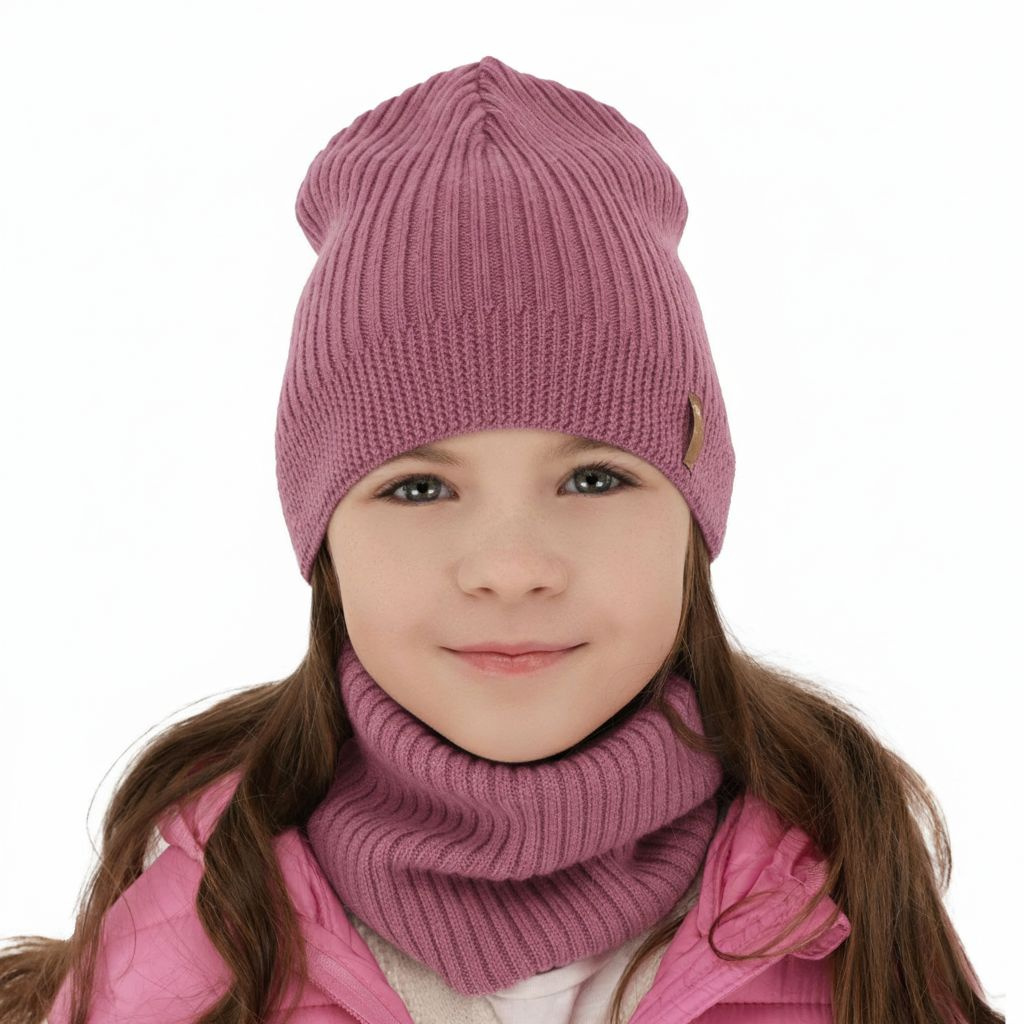Flicka höst/vår set: mössa och tubhalsduk, lila, 100% Merino Ull, Chelsie