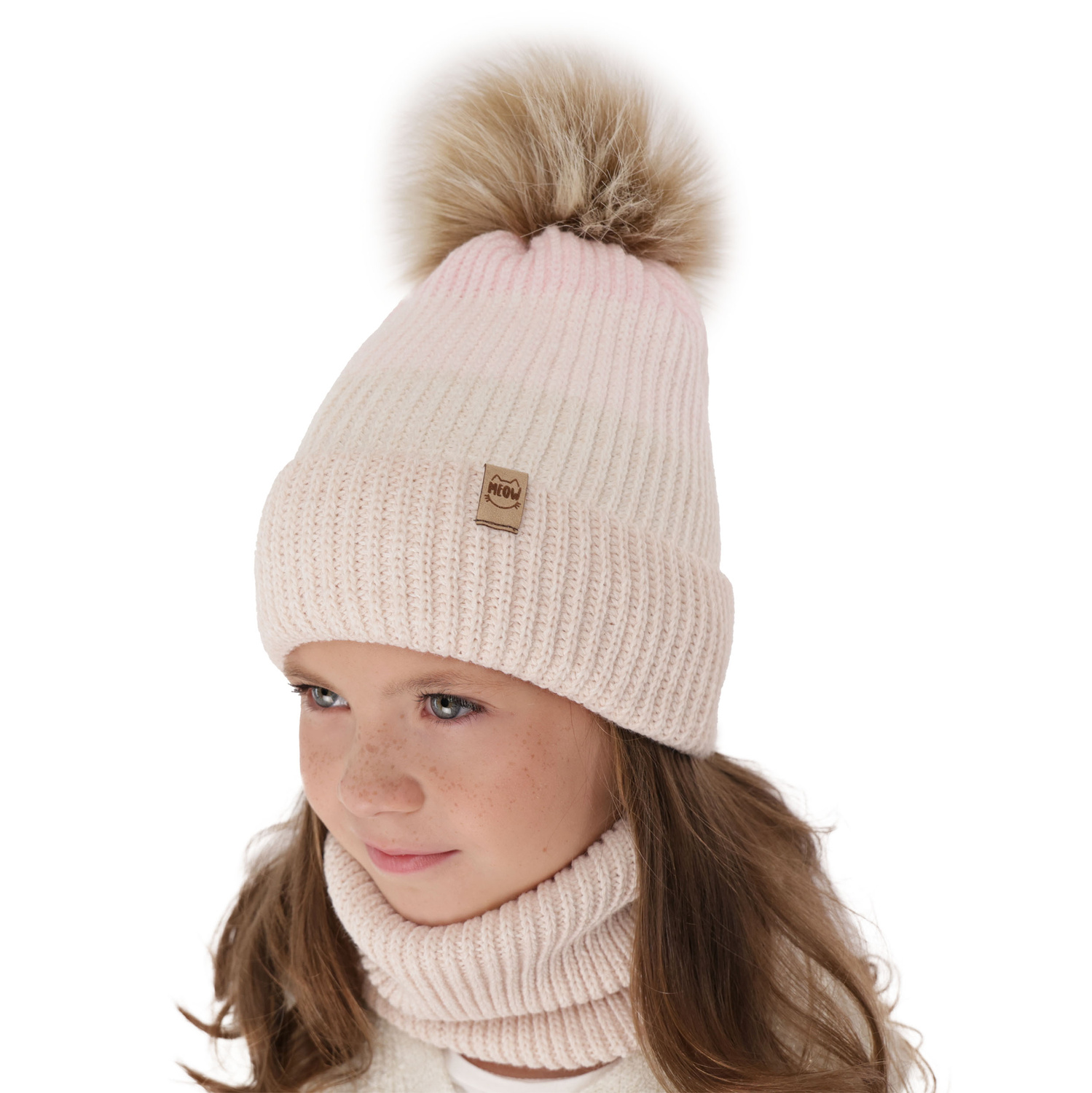 Flicka vinter set: mössa och tubhalsduk, lila, med pompom, Gimena