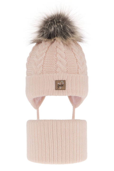 Flicka vinter set: mössa och halsduk, ljusrosa, med knytband, med pompom, Finess