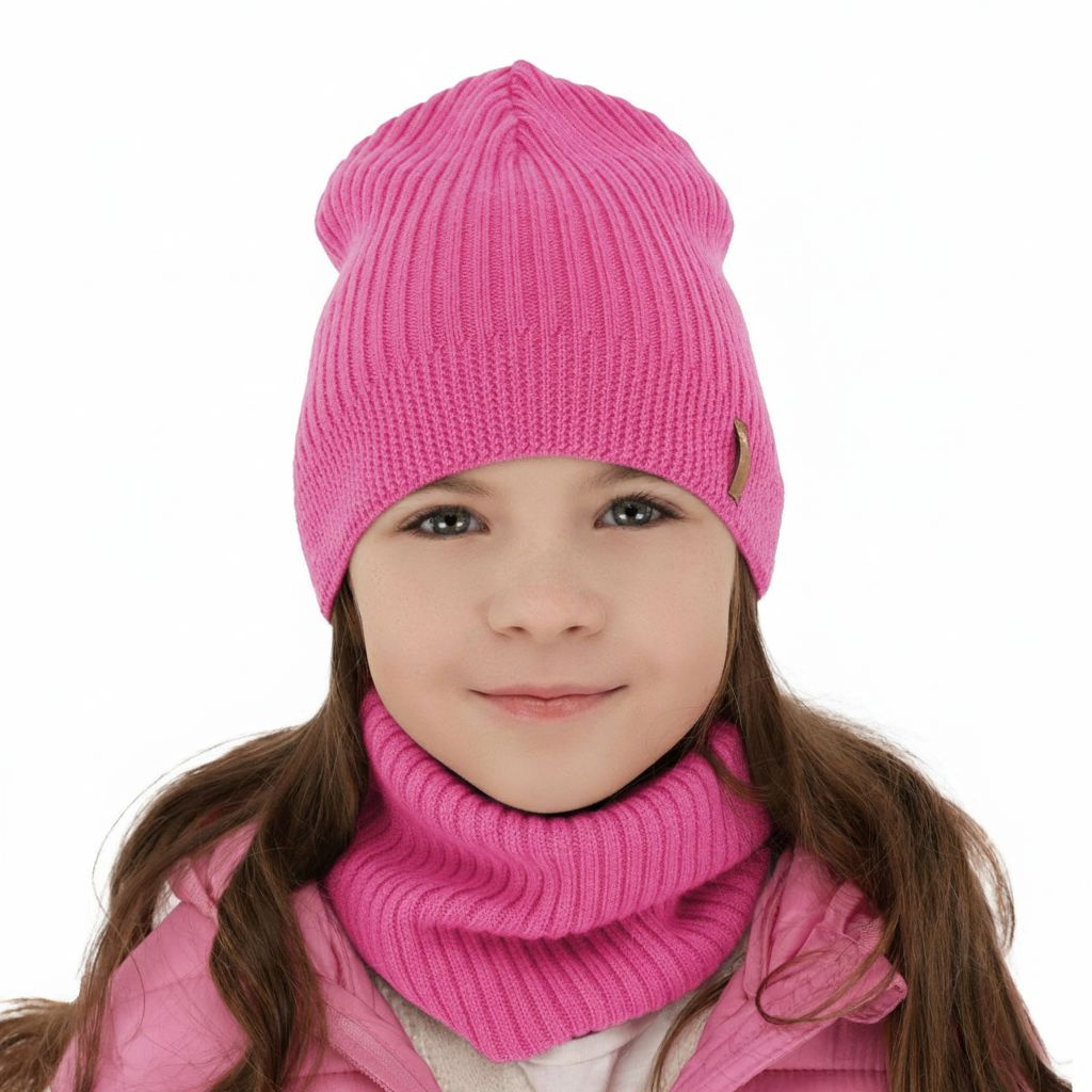Flicka höst/vår set: mössa och tubhalsduk, rosa, 100% Merino Ull, Chelsie