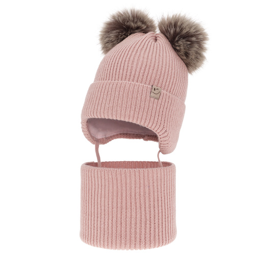 Flicka vinter set: mössa och tubhalsduk, rosa, med två pompommar, med knytband, Zori