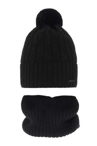 Pojke vinter set: mössa och tubhalsduk, svart, med pompom, med merinull, Talar