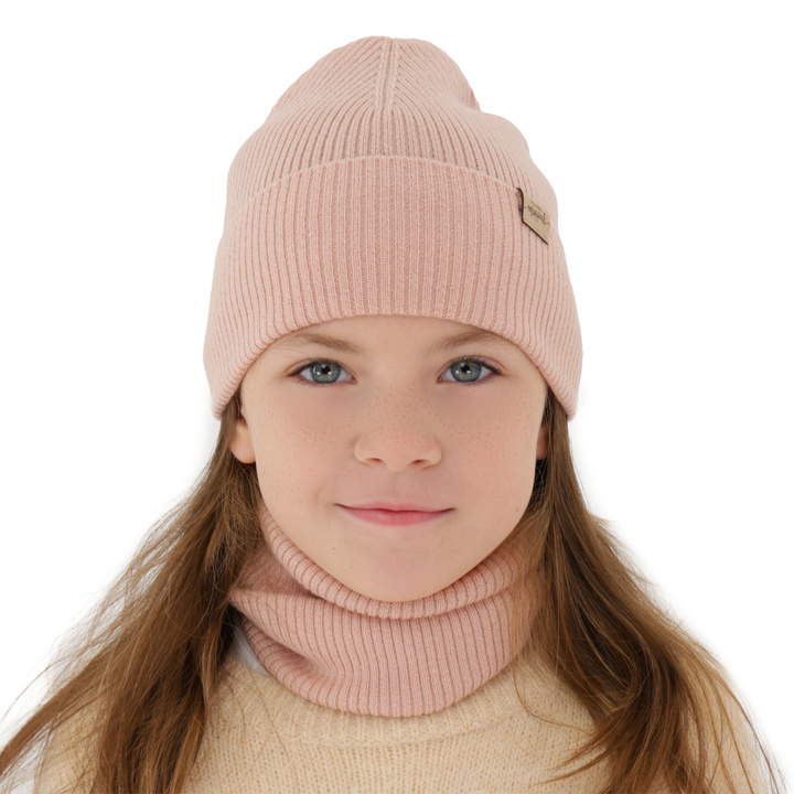 Flicka höst/vår set: mössa och tubhalsduk, kremowy, 100% Merino Ull, Magenta