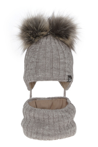 Flicka vinter set: mössa och halsduk, beige, med två pompommar, wiązany Marlen