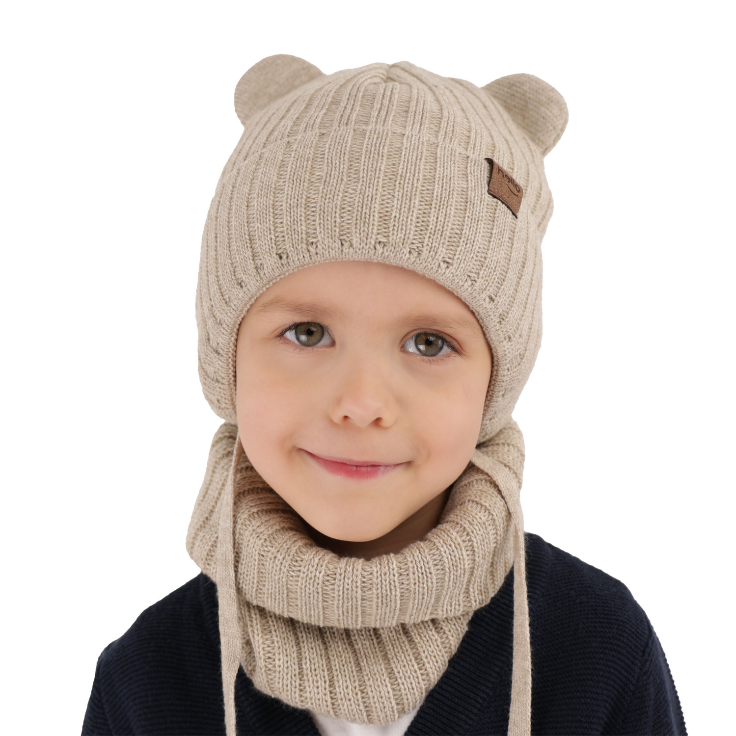 Pojke vinter set: mössa och halsduk, beige, med knytband, Ferven
