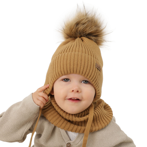 Pojke vinter set: mössa och halsduk, beige, med pompom, Bergo