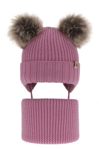 Flicka vinter set: mössa och tubhalsduk, grå, med knytband, med två pompommar, 100% Merino Ull, Silvia