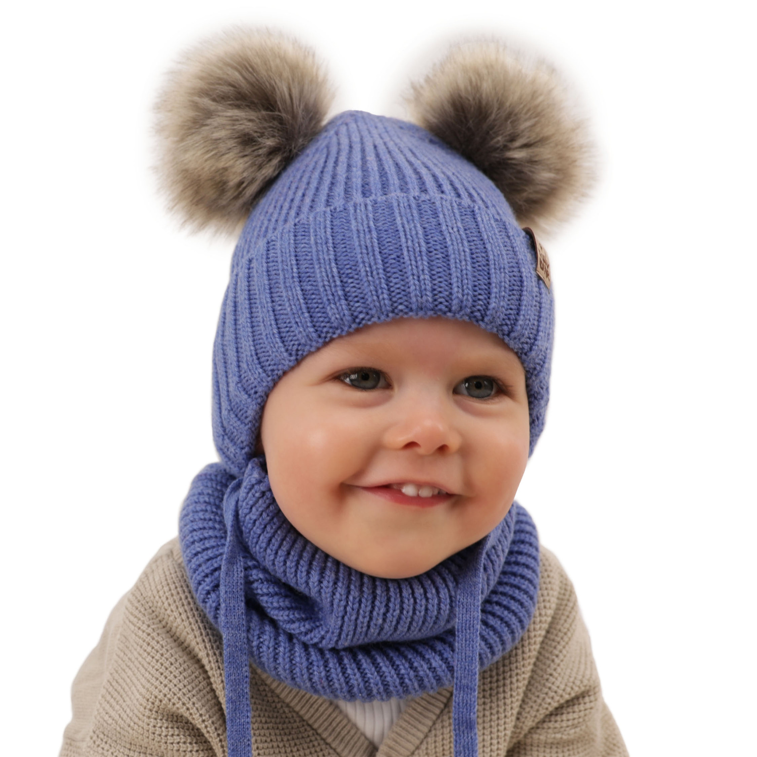 Pojke vinter set: mössa och halsduk, blå, med knytband, 100% Merino Ull, Konor