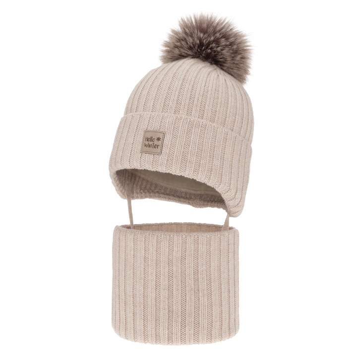 Pojke vinter set: mössa och tubhalsduk, ljusbeige, med knytband, med merinull, 100% Merino Ull, fodrad med bomull, Morti