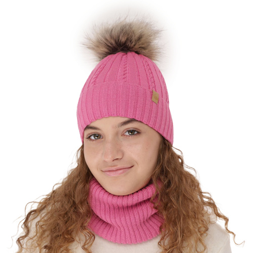 Flicka vinter set: mössa och halsduk, rosa, med merinull, Mirabel